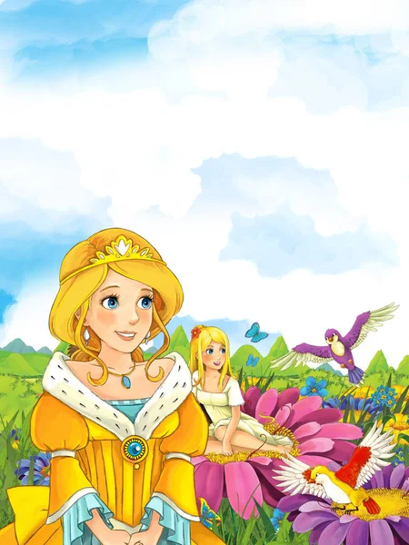 Princezna v louce dívá na pohádky na květ — Stock fotografie