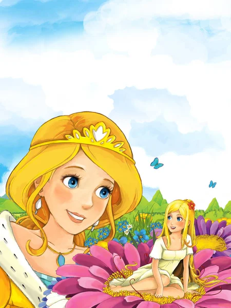 Prinzessin auf der Wiese schaut Elfe auf Blume an — Stockfoto
