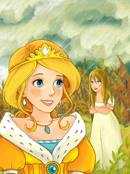 Princess meeting other girl during rain in the meadow — Stock Photo, Image