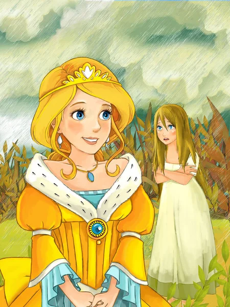 princess meeting other girl during rain in the meadow