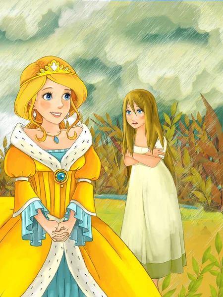 Prinzessin trifft anderes Mädchen bei Regen auf der Wiese — Stockfoto