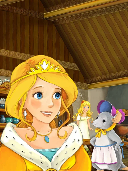 Prinzessin im Gespräch mit jungen Mädchen und Maus — Stockfoto