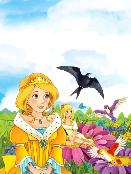 Princess in the meadow looking at fairy on flower — Stock Photo, Image