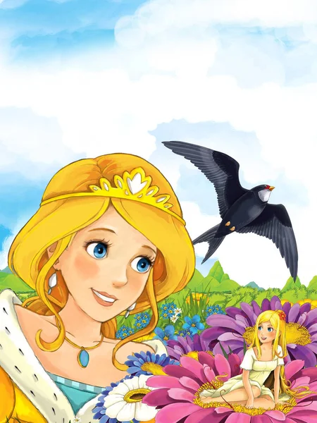 Prinses in de weide kijken fairy op bloem — Stockfoto