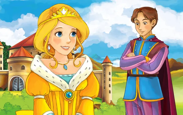 Girl in front of a castle and prince or king — Stock Photo, Image