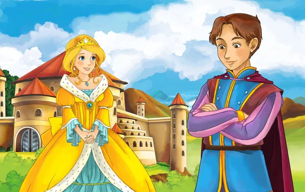 Menina na frente de um castelo e príncipe ou rei — Fotografia de Stock