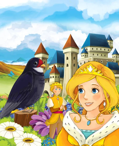 Prinzessin auf der Wiese beim Schloss mit Kuckuck und Prinz — Stockfoto