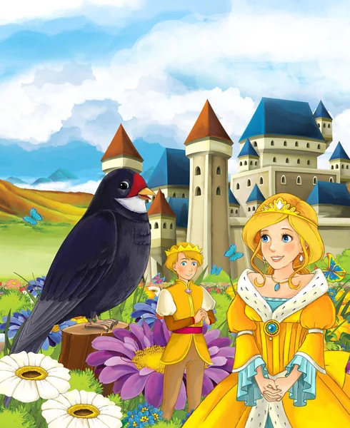 Prinses op de weide in de buurt van het kasteel met koekoek en Prins — Stockfoto