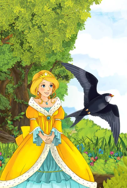 Princezna v přírodě s letící pták — Stock fotografie