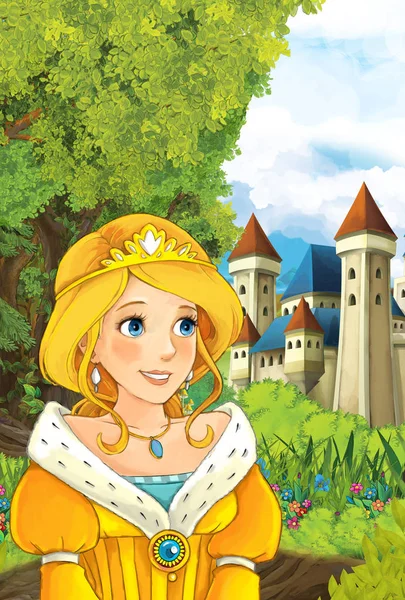 Prinses kijken naar kasteel op de achtergrond — Stockfoto