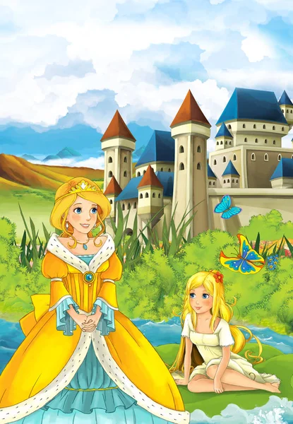 Princesa mirando a chica en la hoja cerca del castillo —  Fotos de Stock