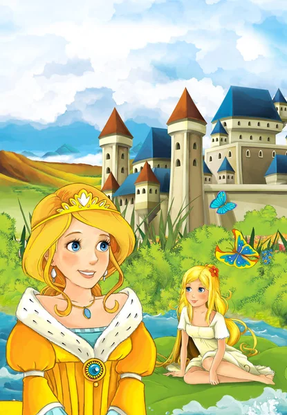 Princess looking at girl on leaf near castle — Stock Photo, Image