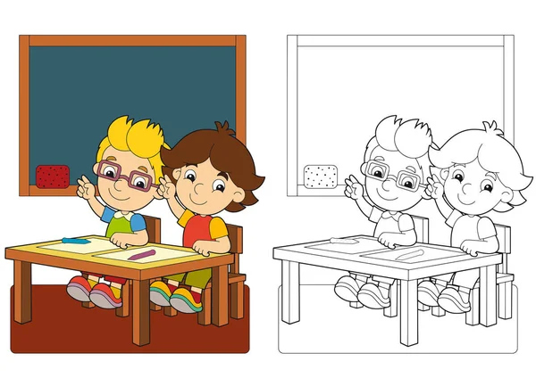 Cartoon Scene Children Classroom Holding Hands Coloring Page Illustration Children — Stock Photo, Image
