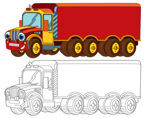 cartoon happy cargo truck with trailer looking and smiling - coloring page - illustration for children