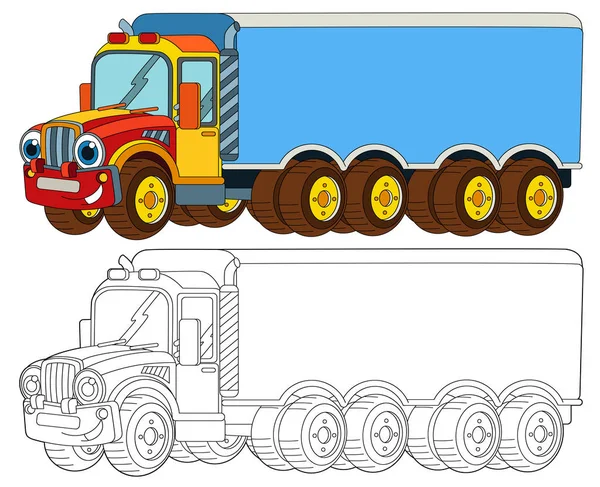 Cartoon Szczęśliwy Cargo Ciężarówka Przyczepą Patrząc Uśmiechnięty Kolorowanki Ilustracja Dla — Zdjęcie stockowe