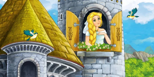Cartoon Scene Young Woman White Dress Standing Castle Tower — Stock Photo, Image