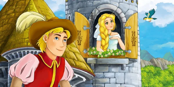 Dessin Animé Scène Médiévale Prince Une Princesse Illustration Pour Enfants — Photo