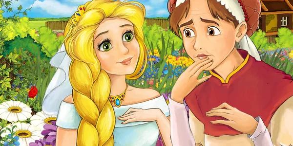 Escena Dibujos Animados Con Princesas Jóvenes Felices Ilustración Para Niños —  Fotos de Stock