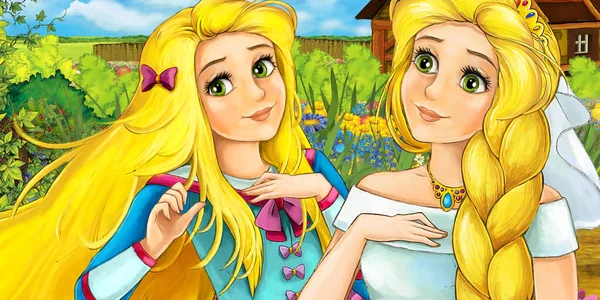 Escena Dibujos Animados Con Princesas Jóvenes Felices Ilustración Para Niños — Foto de Stock