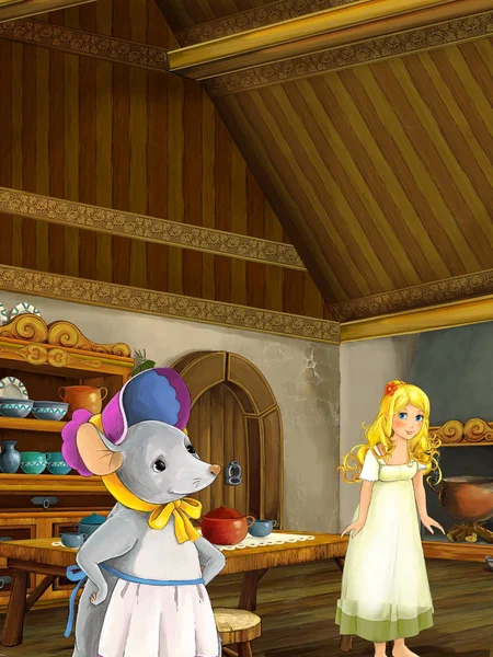 マウスとキッチン 子供のための図の小さな女の子の漫画おとぎ話のシーン — ストック写真