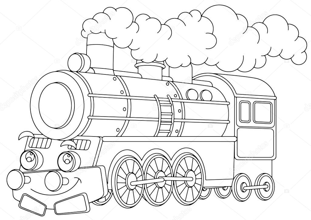 Cartoon funny looking steam train - isolated vector - illustration for children