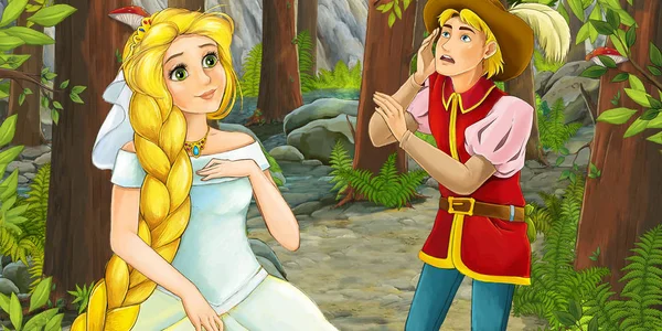 王子与公主在森林里的卡通场景 — 图库照片