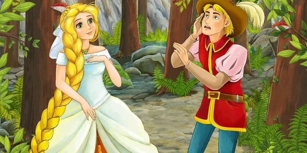 Cartoon scene with prince and princess in the forest — Stock Photo, Image