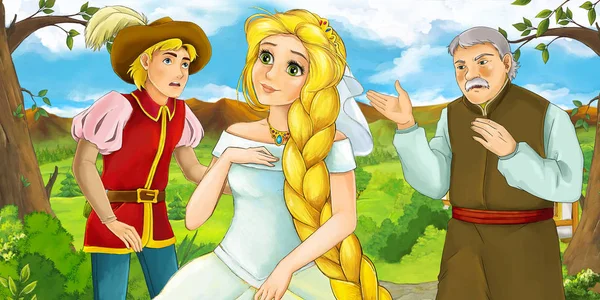 Escena Dibujos Animados Con Algún Príncipe Princesa Granjero Corriendo Bosque — Foto de Stock