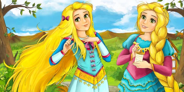Cartoon Scène Met Gelukkig Jong Meisje Prinsessen Illustratie Voor Kinderen — Stockfoto