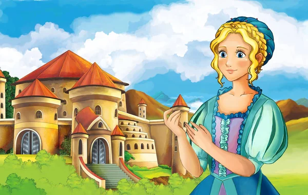Princesa en frente en un castillo mirando — Foto de Stock