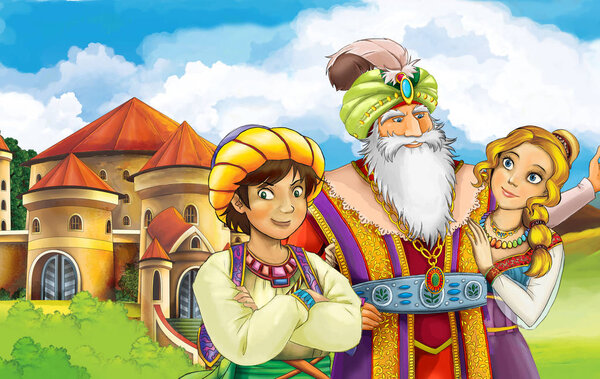 some royal family in front of a castle