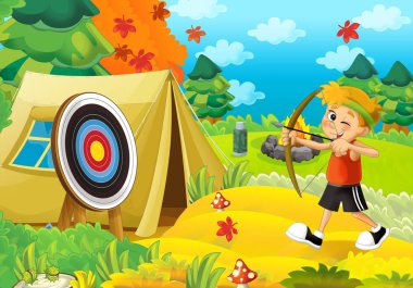 Çocukla ormanda kamp çizgi film sahne