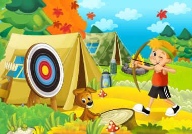 Çocukla ormanda kamp çizgi film sahne