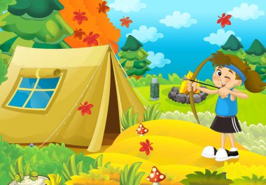 Kız ormanda kamp çizgi film sahne