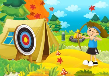 Kız ormanda kamp çizgi film sahne