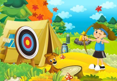 Kız ormanda kamp çizgi film sahne