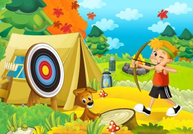 Çocukla ormanda kamp çizgi film sahne