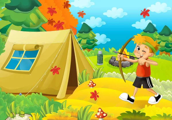 Мультфильм о кемпинге в лесу с мальчиком — стоковое фото