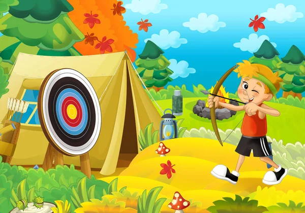 Cartoon scene of camping in the forest with boy