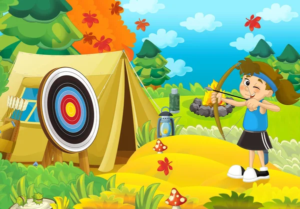 Kız ormanda kamp çizgi film sahne