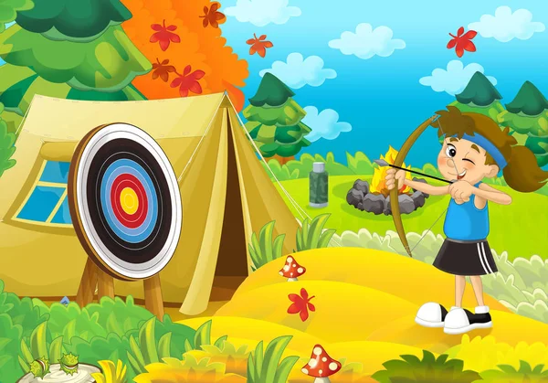 Kız ormanda kamp çizgi film sahne