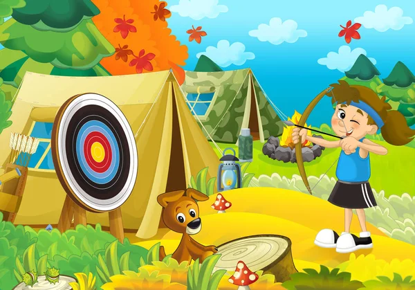 Kız ormanda kamp çizgi film sahne
