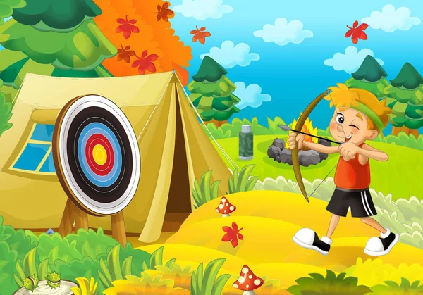 Çocukla ormanda kamp çizgi film sahne