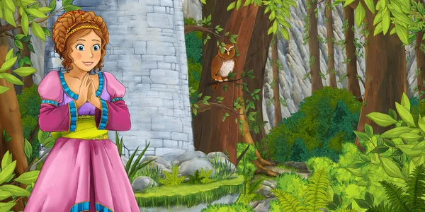 Принцеса в лісі біля замкової вежі — стокове фото