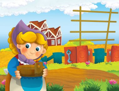 çizgi film sahne ile ayakta ve gülümseyen çiftlikte - çalışan mutlu kadın / illüstrasyon çocuklar için