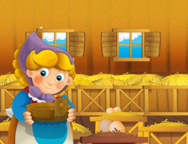 çizgi film sahne ile ayakta ve gülümseyen çiftlikte - çalışan mutlu kadın / illüstrasyon çocuklar için