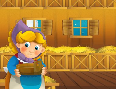 çizgi film sahne ile ayakta ve gülümseyen çiftlikte - çalışan mutlu kadın / illüstrasyon çocuklar için