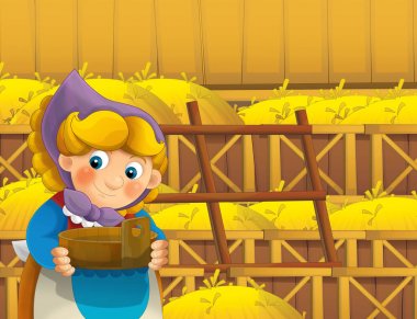 çizgi film sahne ile ayakta ve gülümseyen çiftlikte - çalışan mutlu kadın / illüstrasyon çocuklar için