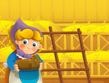 çizgi film sahne ile ayakta ve gülümseyen çiftlikte - çalışan mutlu kadın / illüstrasyon çocuklar için