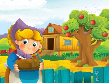 çizgi film sahne ile ayakta ve gülümseyen çiftlikte - çalışan mutlu kadın / illüstrasyon çocuklar için